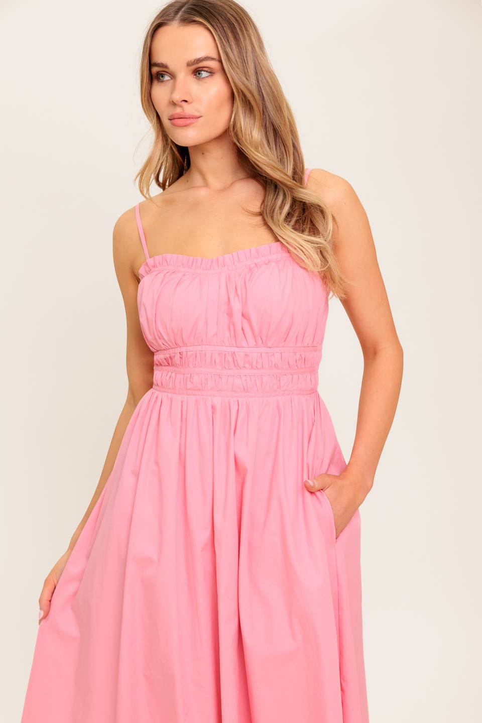 HONEY SUNSET PINK WOVEN MIDI DRESS Flying Tomato
